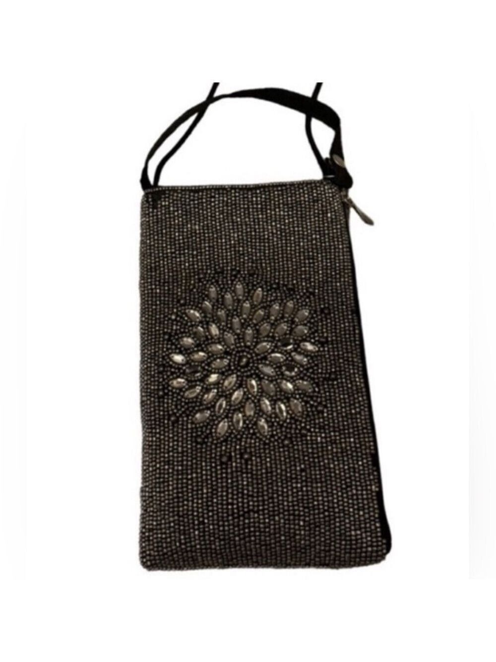 Beaded Floral Evening Bag Black 7 x 4.5 Inches